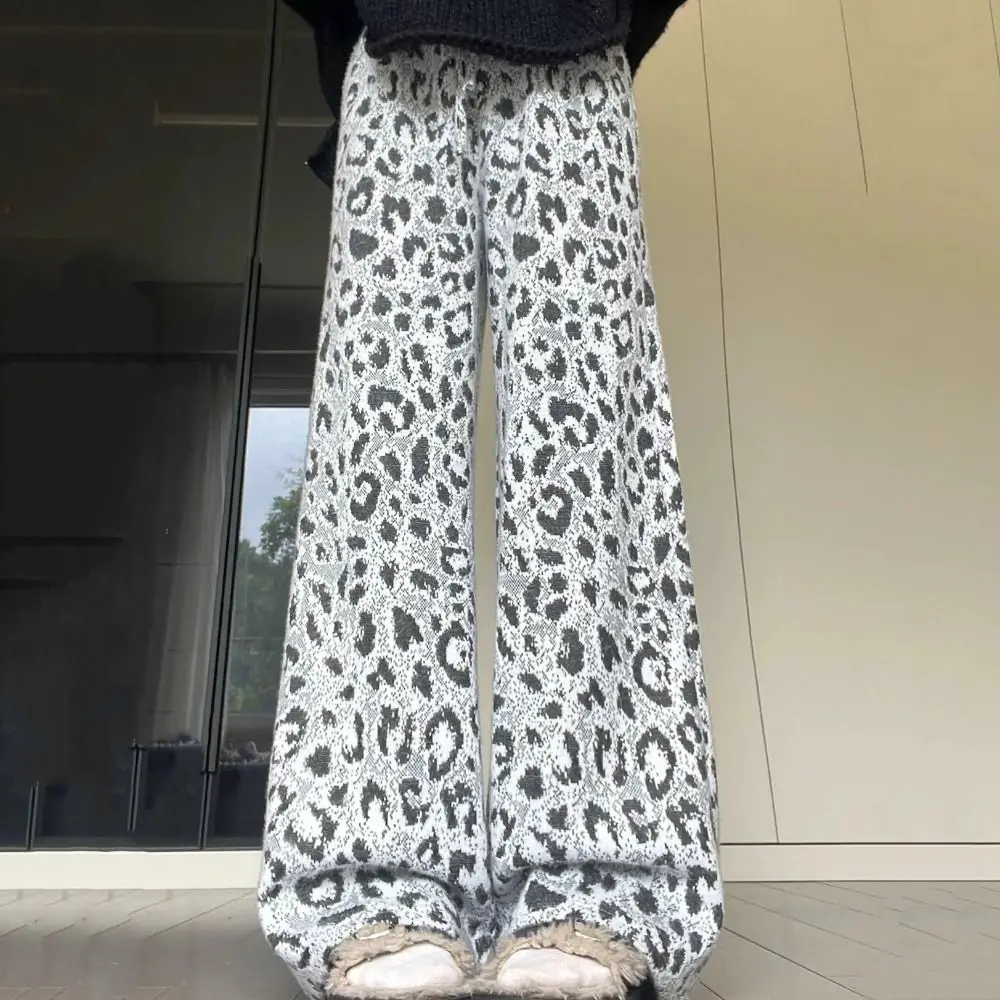 

Soft Plush Velvet Leopard Pants Thicken Warm Drawstring Casual Pants Women Loose High Waist Wide Leg Pants Autumn/Winter