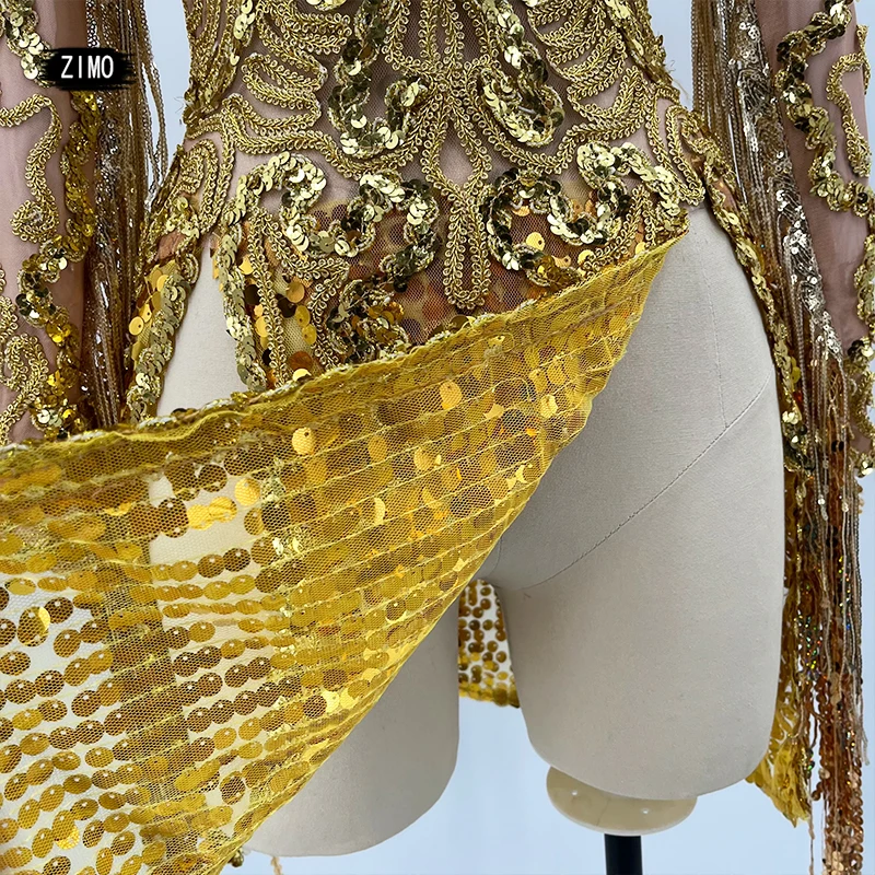 Vestido de lentejuelas transparentes de malla con flecos dorados para mujer, vestido de bailarina latina, disfraces de drag queen para escenario,