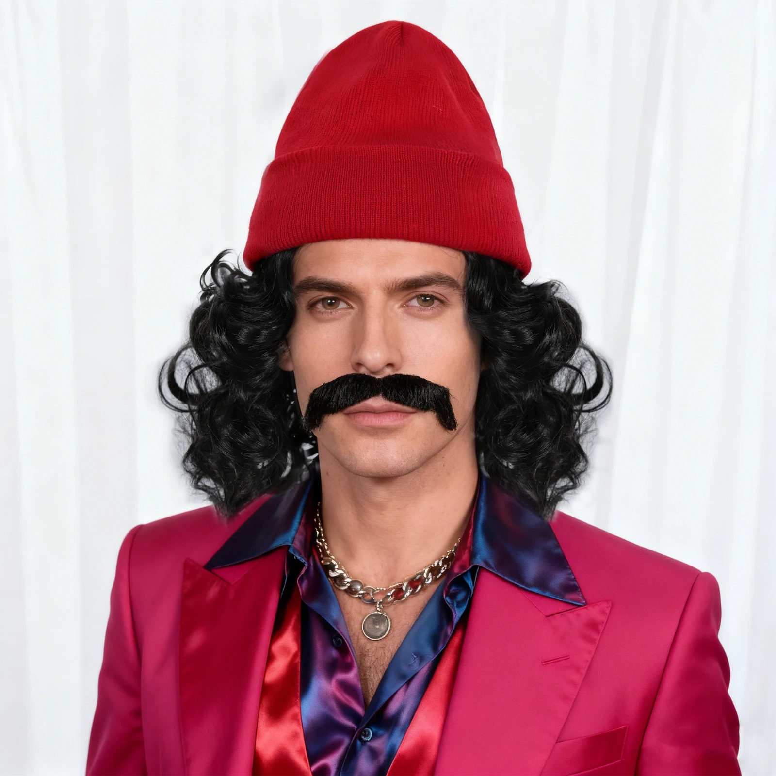 Synthetic black curly hair role play wig, paired with a red knitted hat and simulated beard, for Christmas theme parties