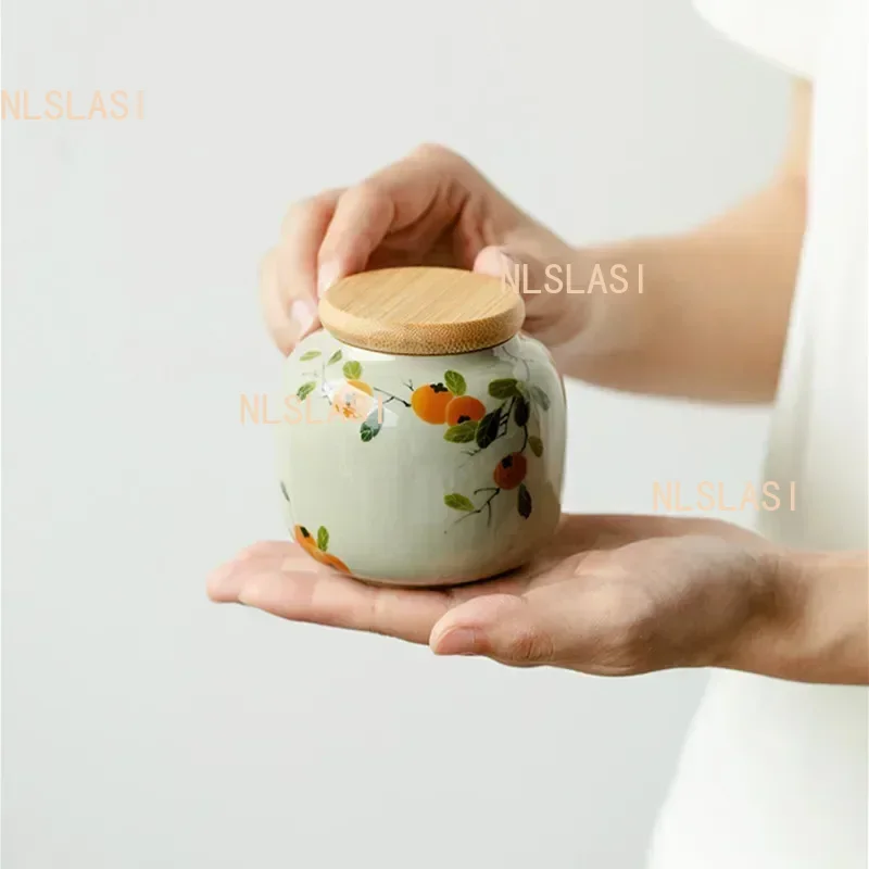 1pc Chinese Ceramic Tea Caddy Hand-painted Persimmon Tea Jar Travel Tea Bag Storage Box Sealed Container Storage Tank Teaware