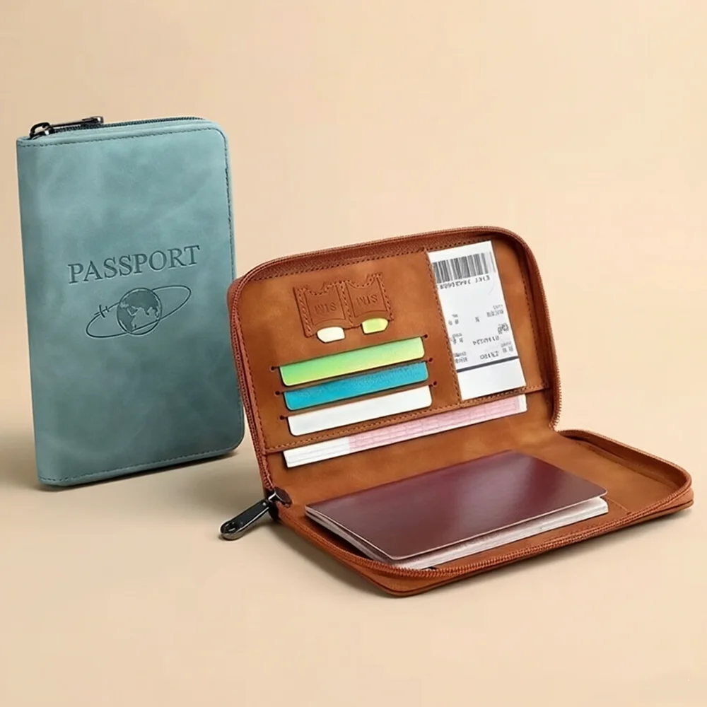 Zipper PU Leather Passport Holder Multifunctional Travel Document Organizer Wallet for Ticket Cards Portable Accessory Men Women
