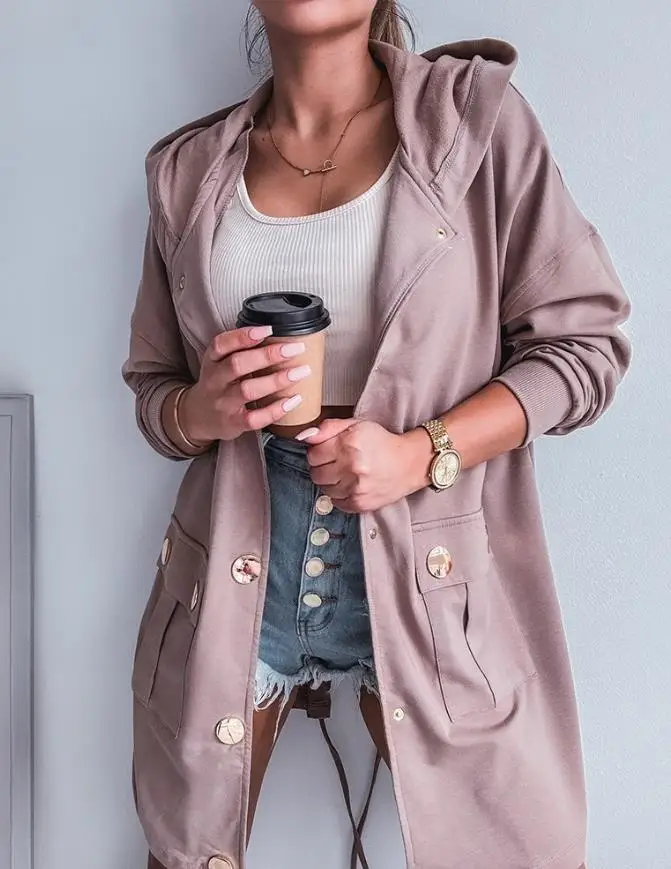 

Women's Jacket 2025 Spring Snap Buttons Front Pocket Design Drawstring Back Hooded Jacket Casual Drop Shoulder Mid-Length Coat