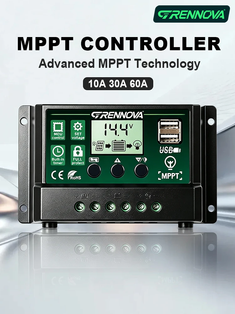 Kontroler ładowania solarnego MPPT GRENNOVA 10A-60A — 12V/24V Auto, obsługuje wejście i wyjście DC, kompatybilny z różnymi typami akumulatorów. — 2
