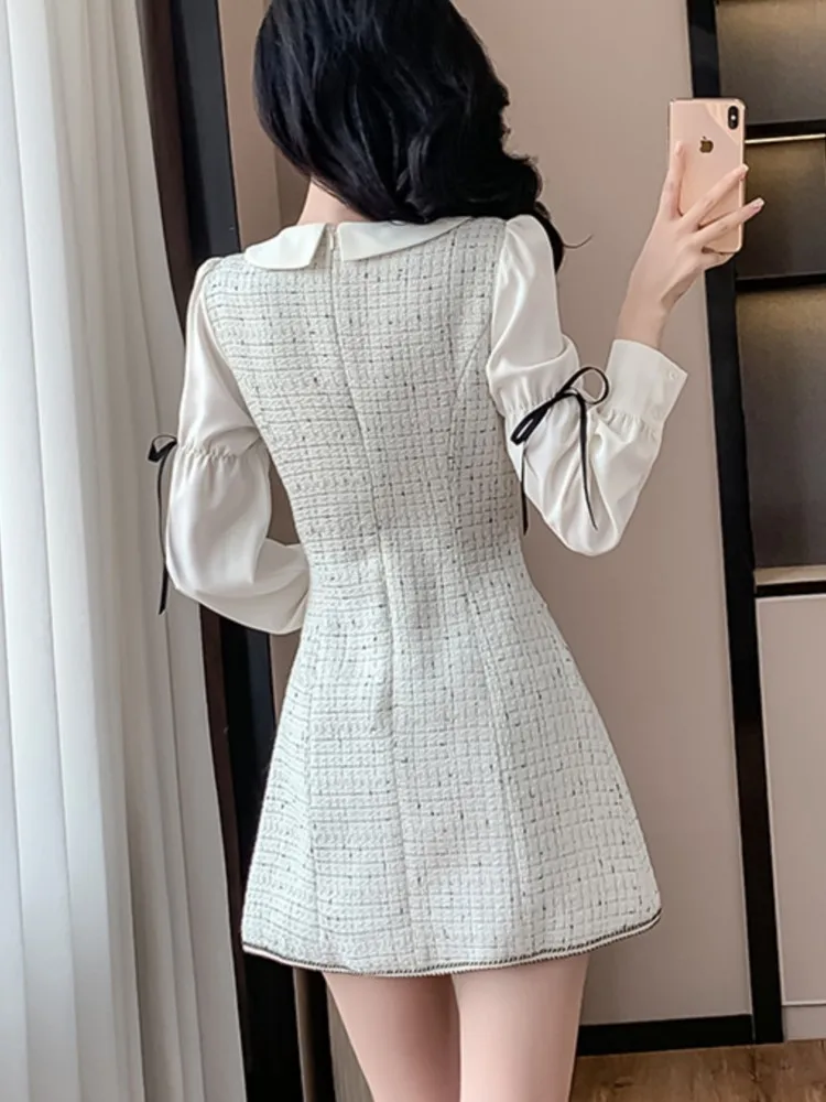 French Vintage Patchwork Short Dresses for Women Long Sleeves Tweed Korean Birthday Party Evening Dresses Autumn Spring Vestidos