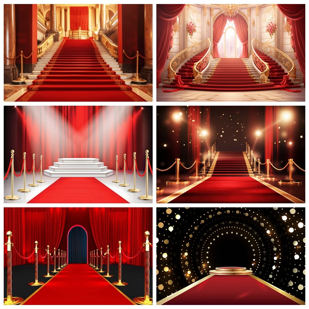 

Red Carpet Stairway Curtain Wedding Photography Backdrop Celebrity Party Themed Stage Decor Birthday Photo Background Props