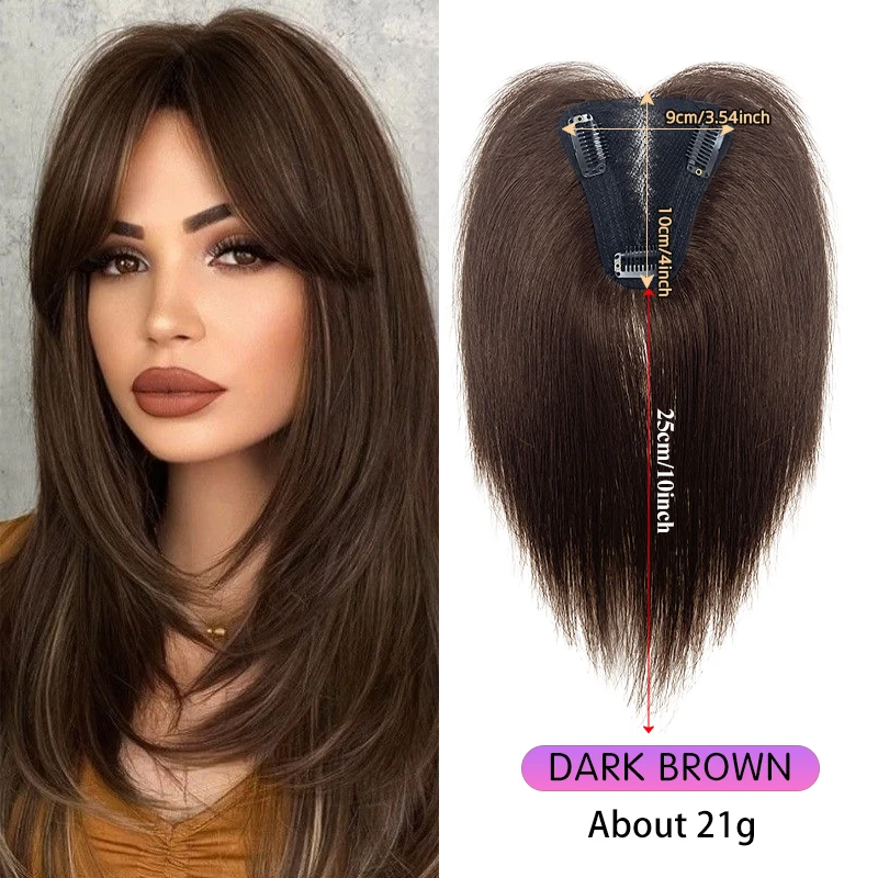 10 inci delapan berbentuk rambut poni Hitam Coklat tua wanita rambut manusia 3.54*4 inci Hairnet klip dalam rambut Topper ekstensi atas Wig potongan