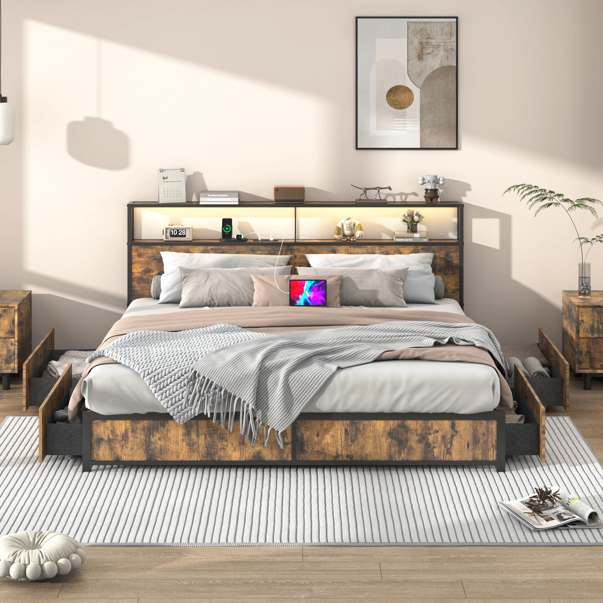Estructura de cama de metal con cabecera y 4 cajones de almacenamiento, sin somier, negro/marrón, estructura de cama king size con luces LED y estación de carga