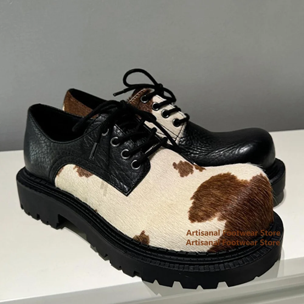 

Cow Patterned Horsehair Derby Shoes Thick-Soled Height Increasing Leather Shoes for Both Men Women British Style Men's Shoes