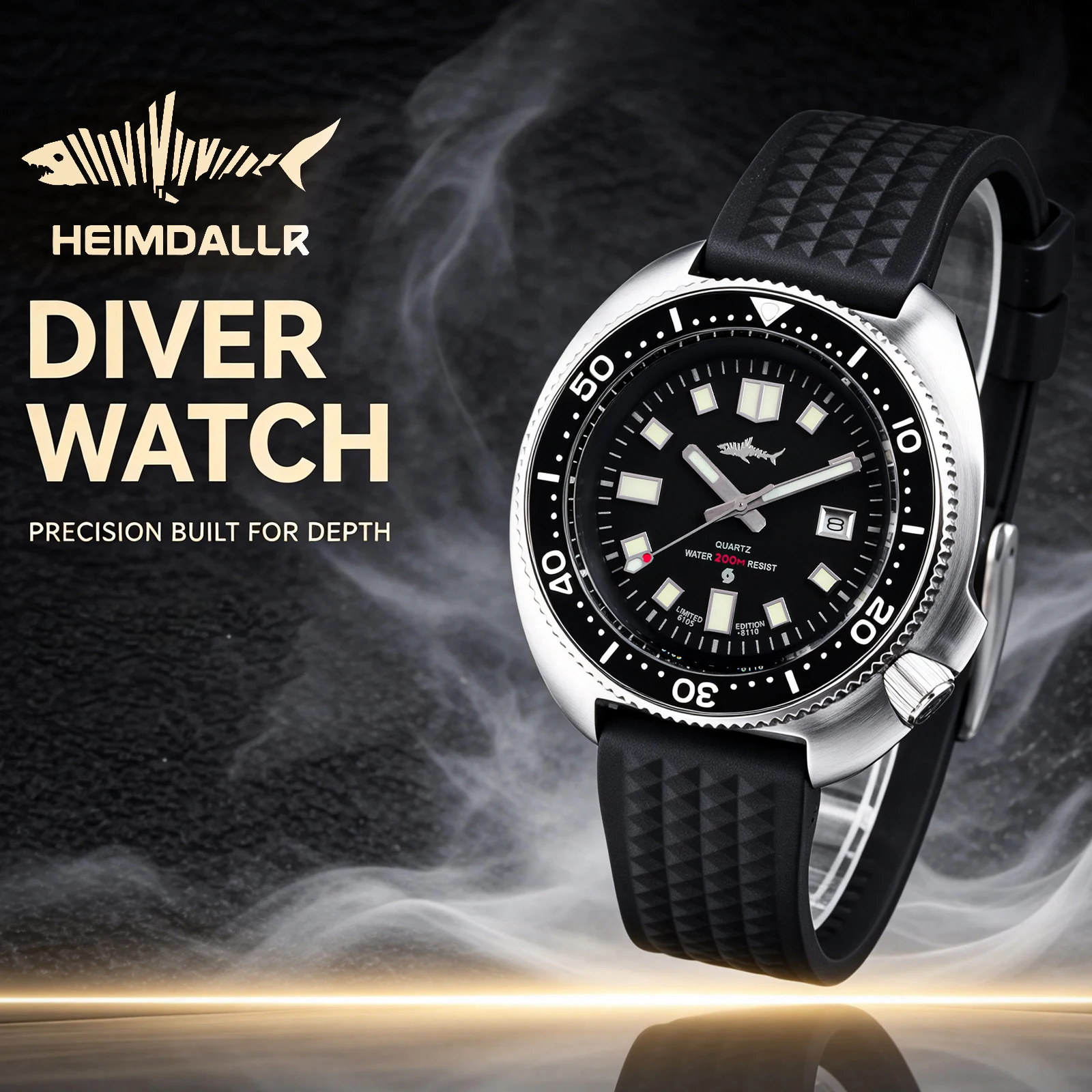 HEIMDALLR Men's Quartz Diver Watch 44mm 2115 200M 20ATM Waterproof Sapphire Crystal Ceramic Bezel C3 Super Lume 316L Steel Scuba