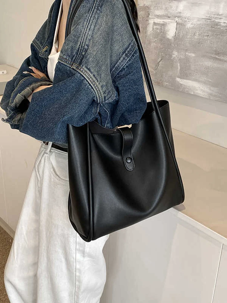 أزياء بسيطة سعة كبيرة المرأة حقيبة كتف الاتجاه الملمس بو الجلود ركاب مركب أكياس الكلاسيكية الرجعية الصلبة حمل حزمة #3