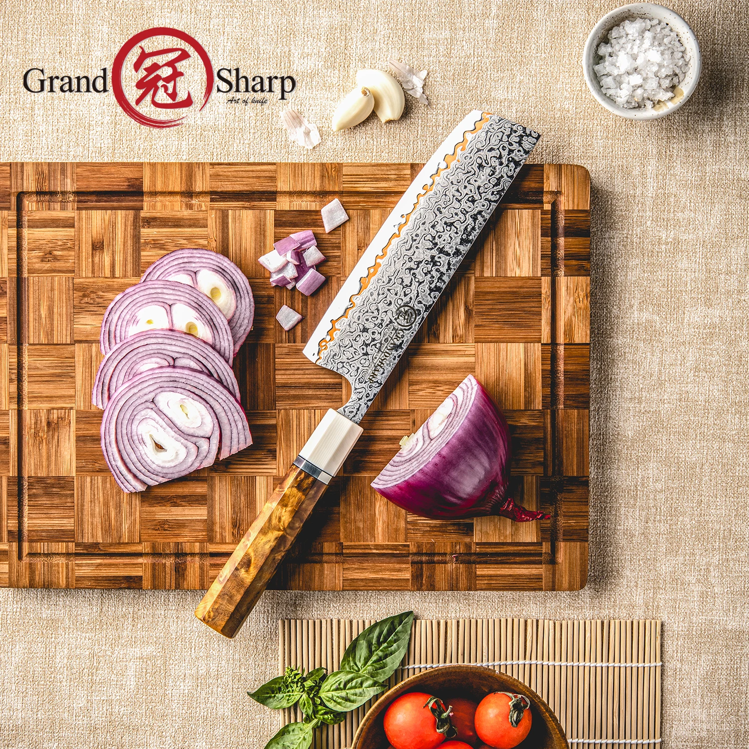 Grandsharp 7 Nakiri Knife 55 Layers Copper Damascus Steel 10Cr15CoMoV Core Solidified Wood Handle Flat Edge For Vegetables