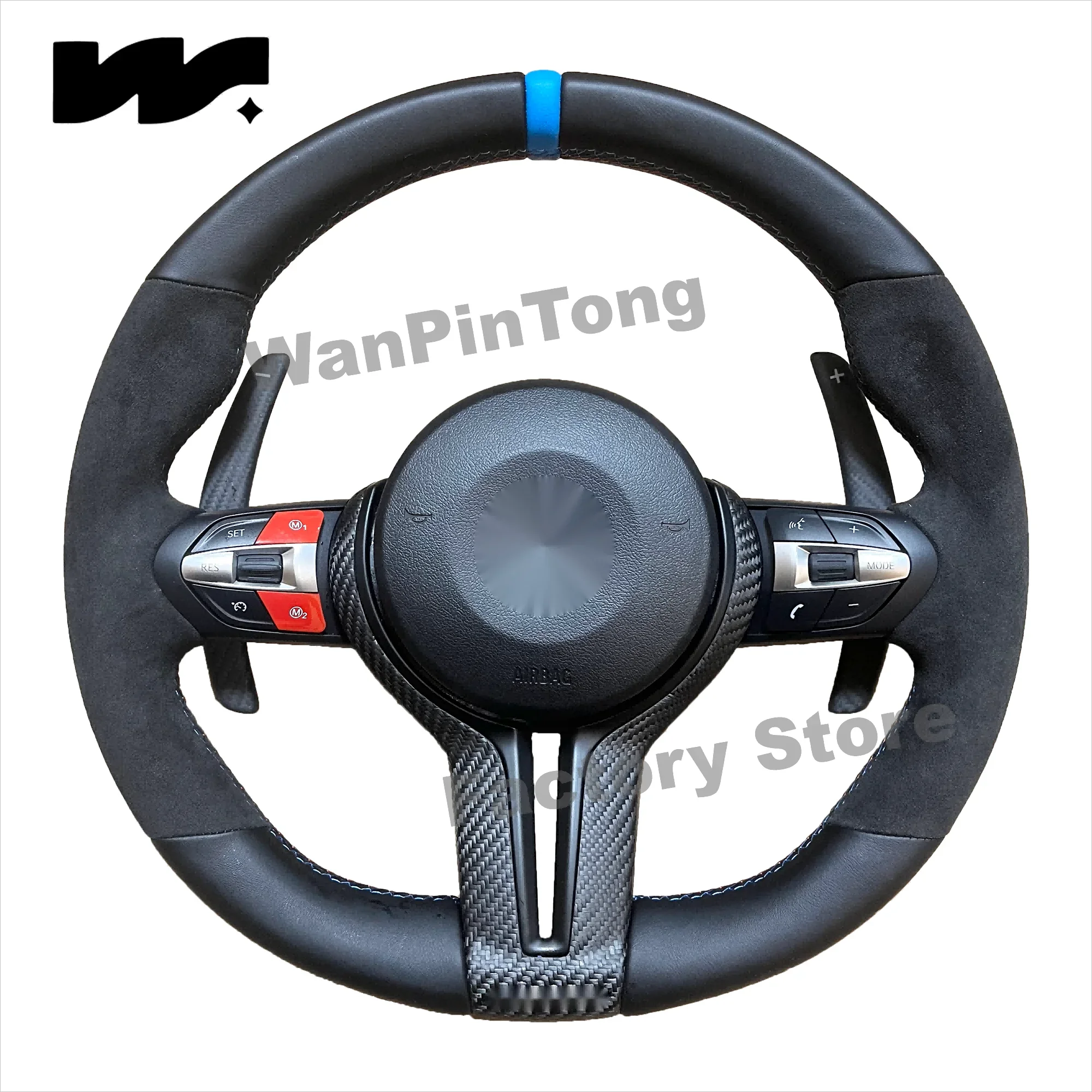 

Customized Alcantara Nappa leather blue return mark carbon fiber cover plate red M1M2 button steering wheel for BMW