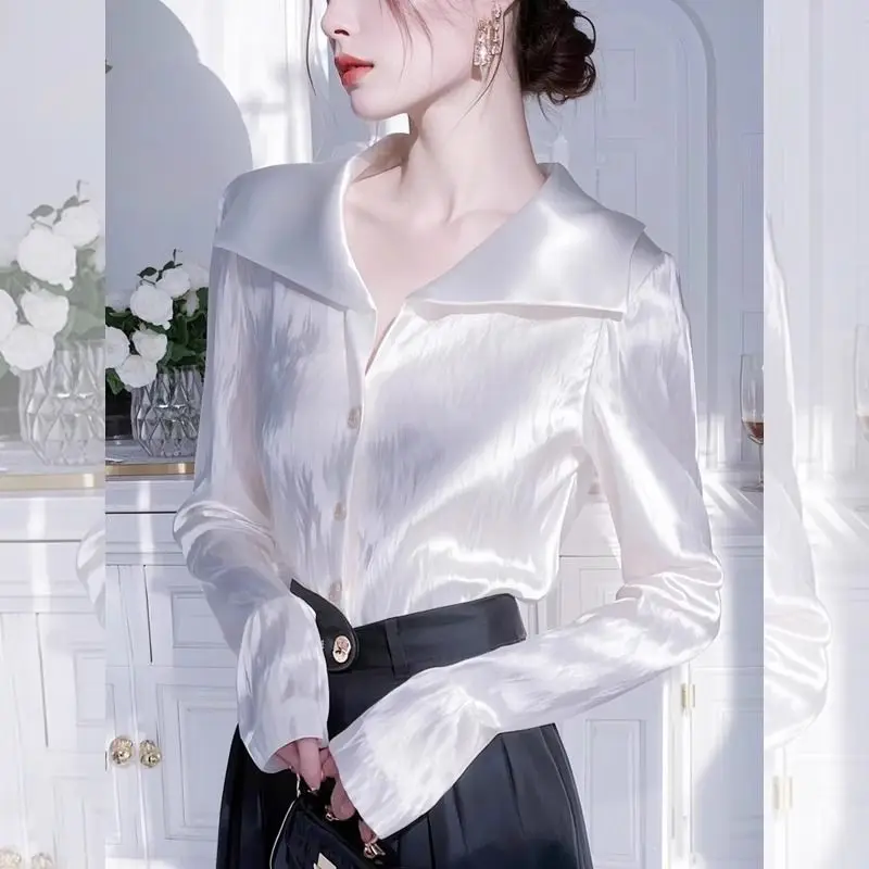 Chemisier blanc élégant à manches longues et boutons pour femmes, vêtements de printemps, col Polo, ample, assorti avec tout, chemise de tempérament, hauts de bureau à la mode