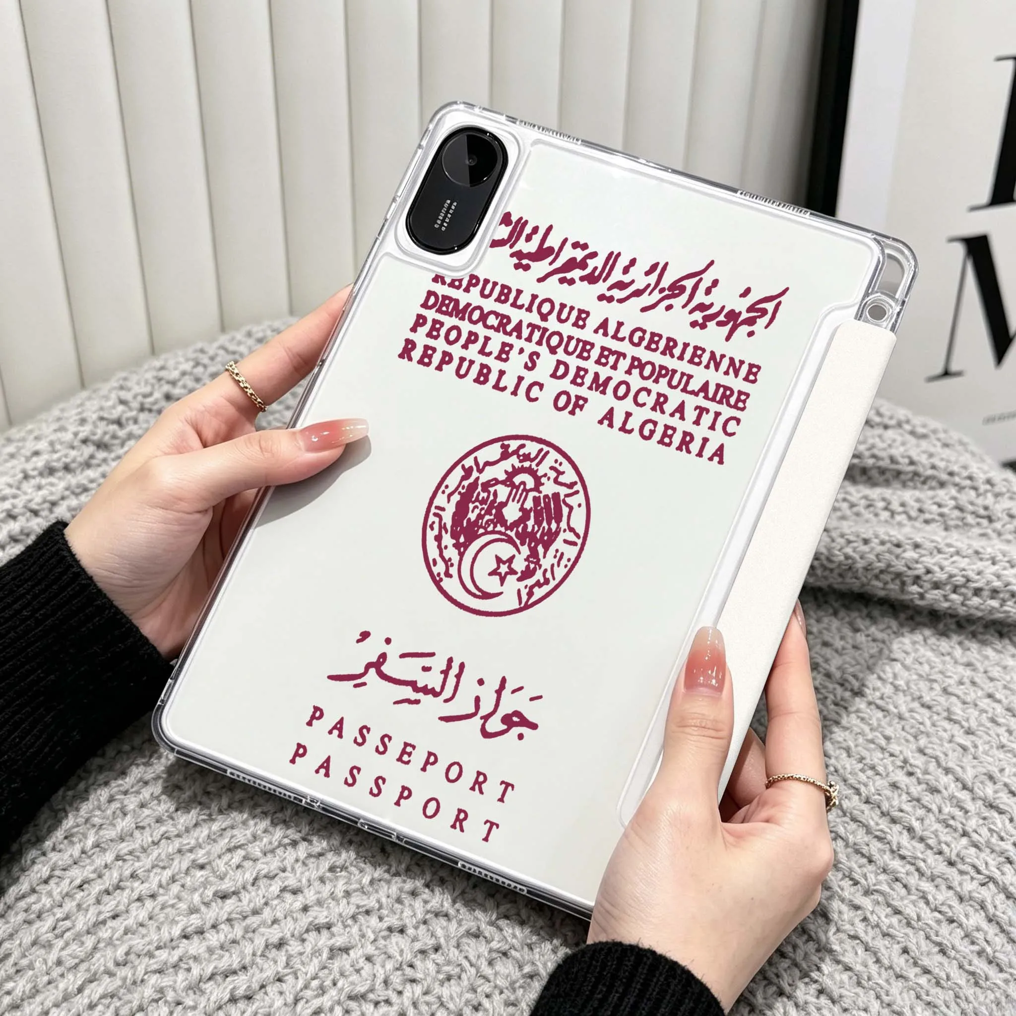 Algerian Republic Passport For Xiaomi Redmi Poco Pad 5 6 7 8 Pro SE 11 11.2 12.1 Inch Transparent Y-Shaped Folding Tablet Case