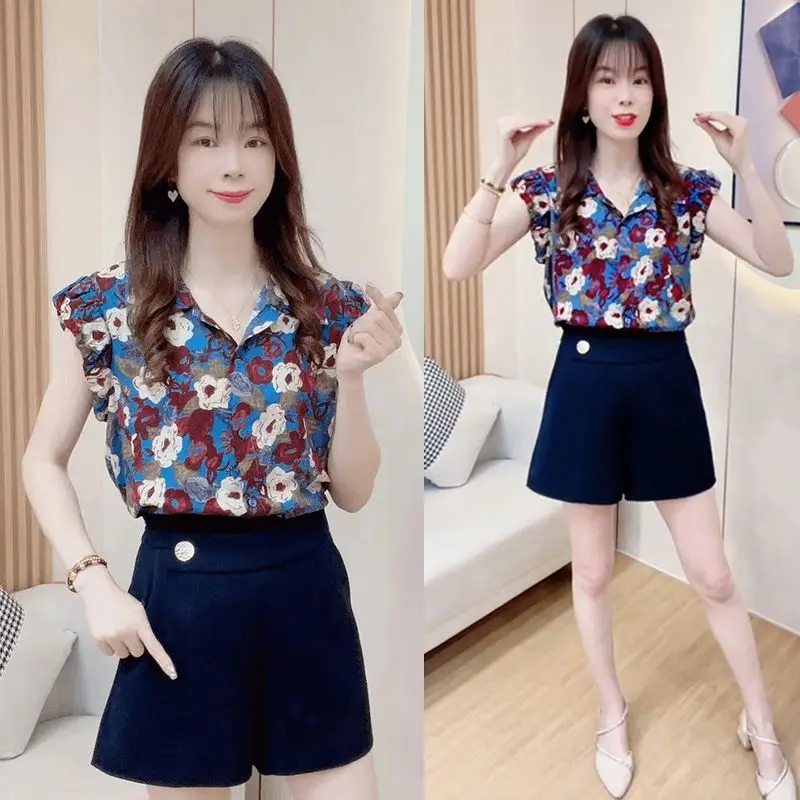 

Retro High-End Feel irt Women's Summer New Faion Rose Print Hem Sve Design Top Korean Sle Loose Fit ort Sve Pol...