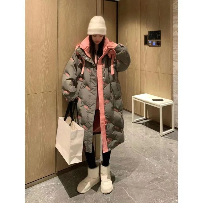 Fashion Down Jacket Women's Autumn Winter Printing New Handsome and Temperament Duck Down Warm Thickened Removable Hat Jacket