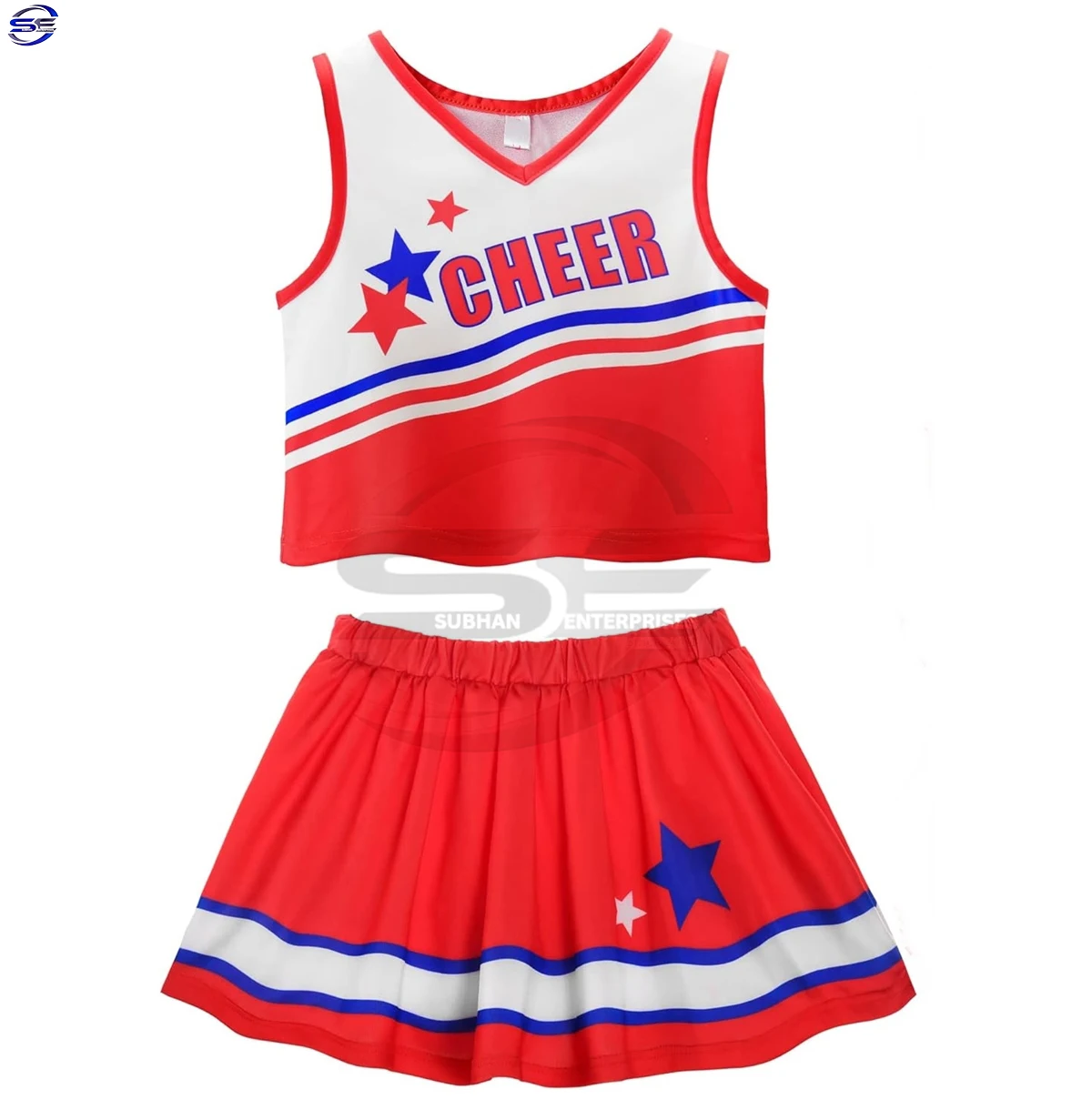 

Custom Logo Girls Cheerleading Uniforms Sleeveless Costume With Short Skirt Set Printed Technics Cheer Uniforms