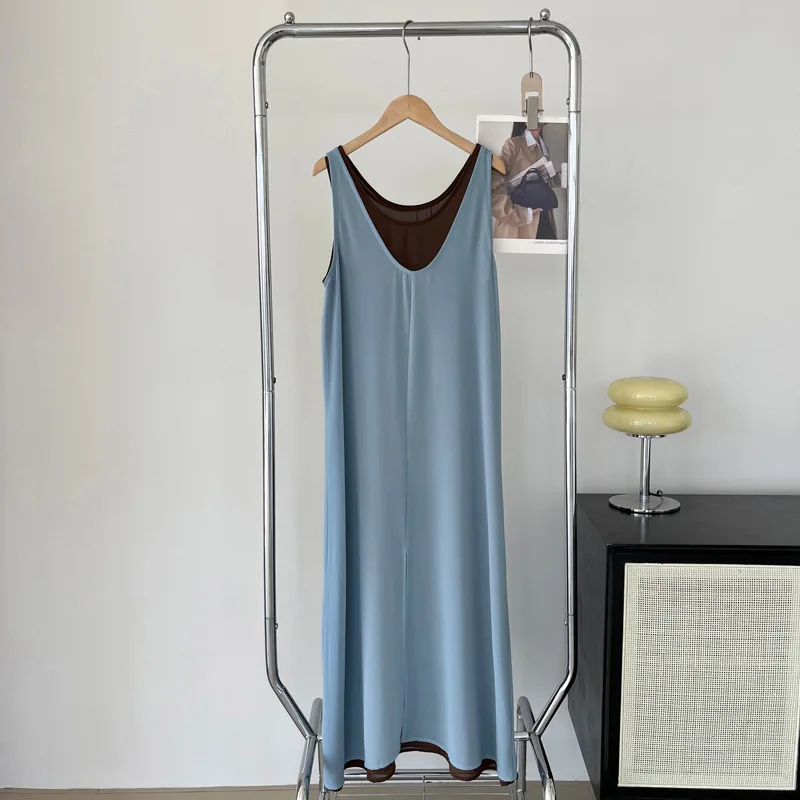 Vestido suspenso de duas peças em camadas para mulheres, estilo fino, respirável, caído, elegante, decote em v