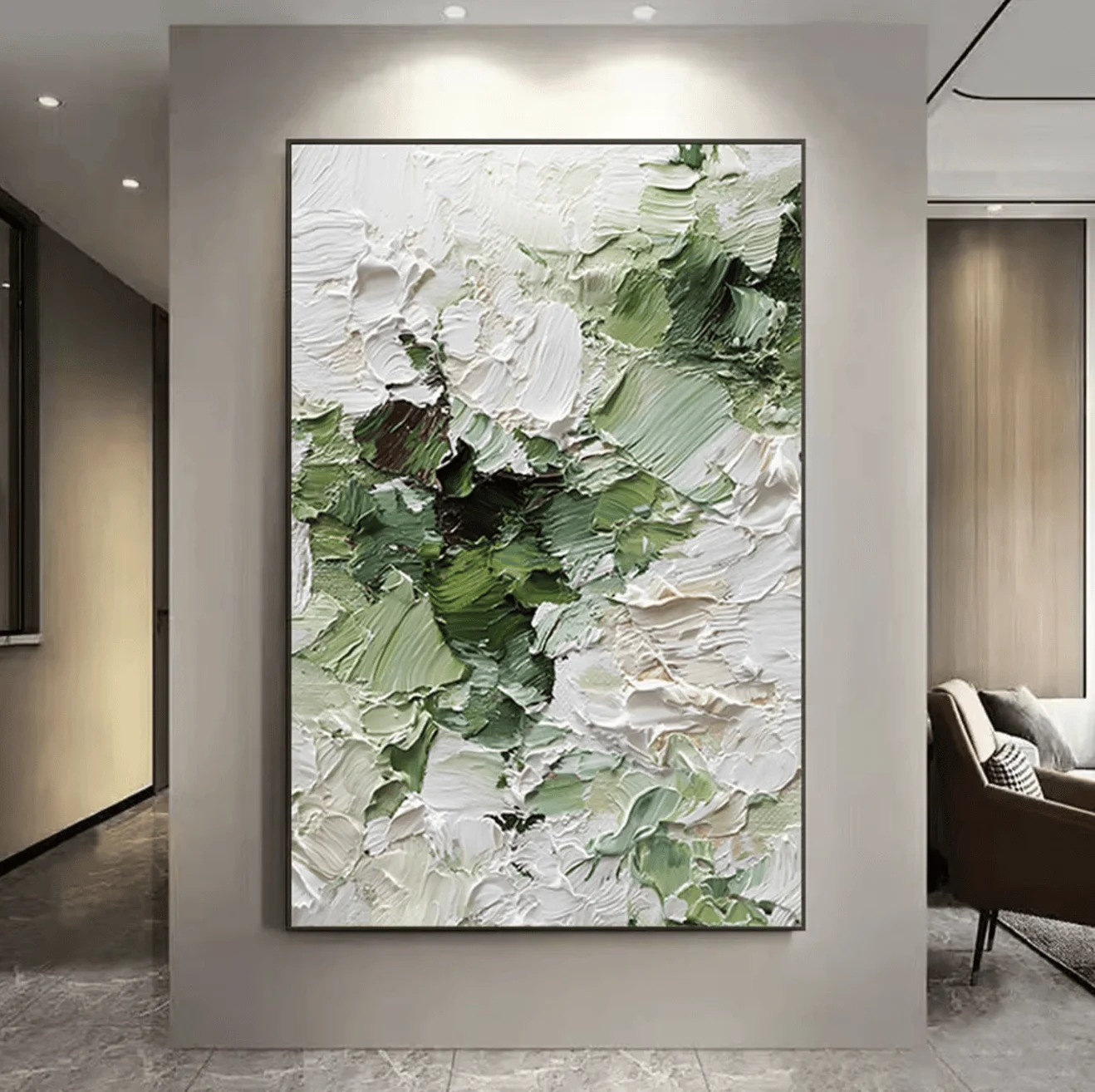 (No frame)Wabi Sabi Green White Textured Abstract Canvas Prints, Heavy Impasto Posters Living Room Bedroom Japandi Home Decor