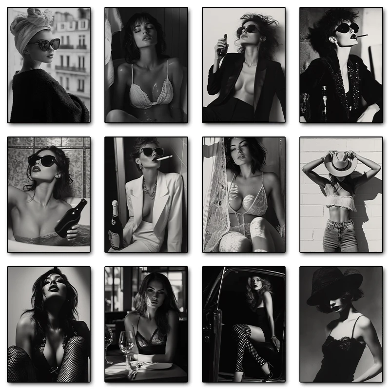 1pc Frameless Black White Fashion Glamorous Sexy Woman Posters and Prints Canvas Wall Art Picture for Living Room Gifts