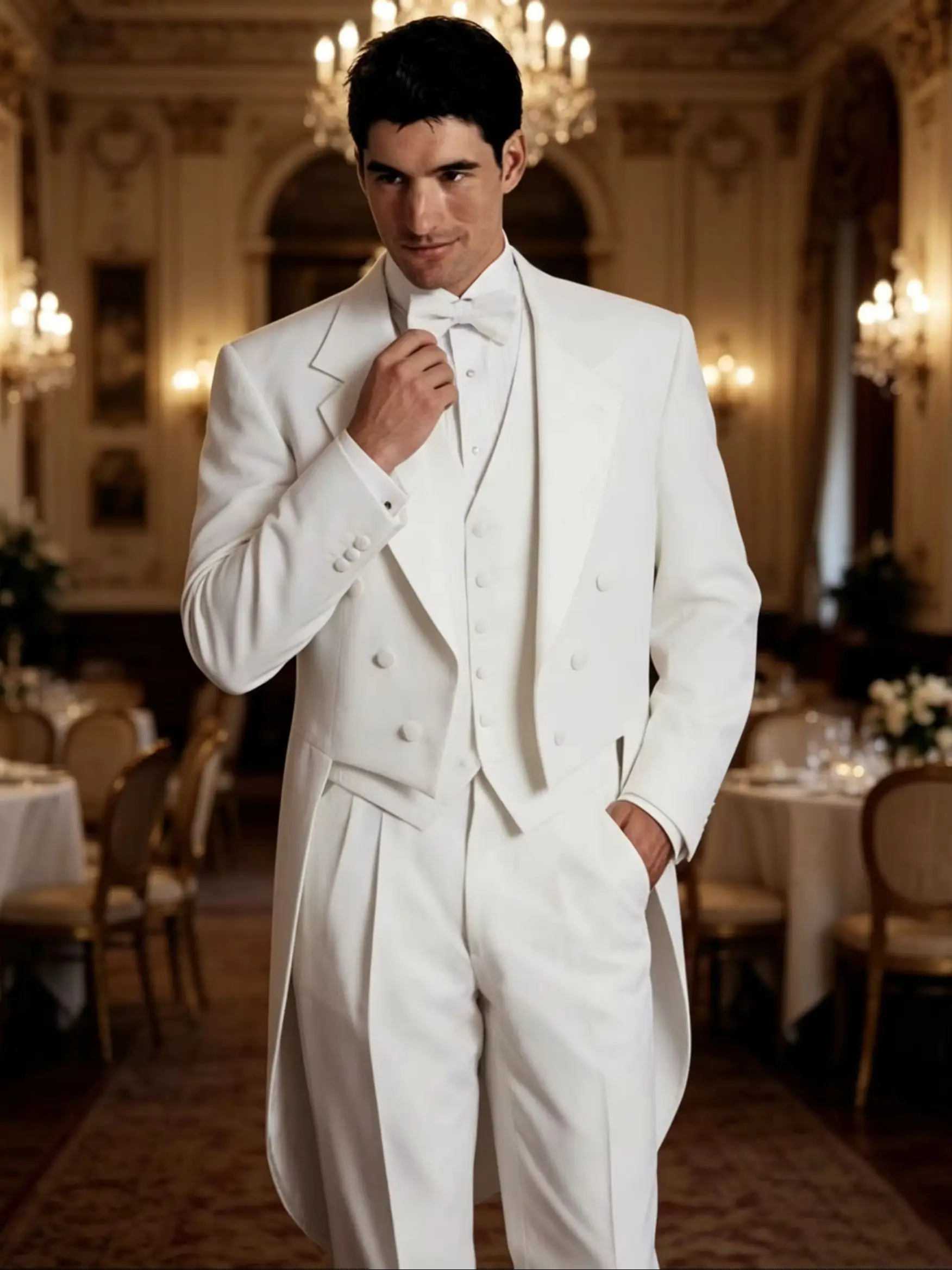Costume de smoking blanc pour homme avec veste queue de pie et pantalon pour mariage, fête, danse, s