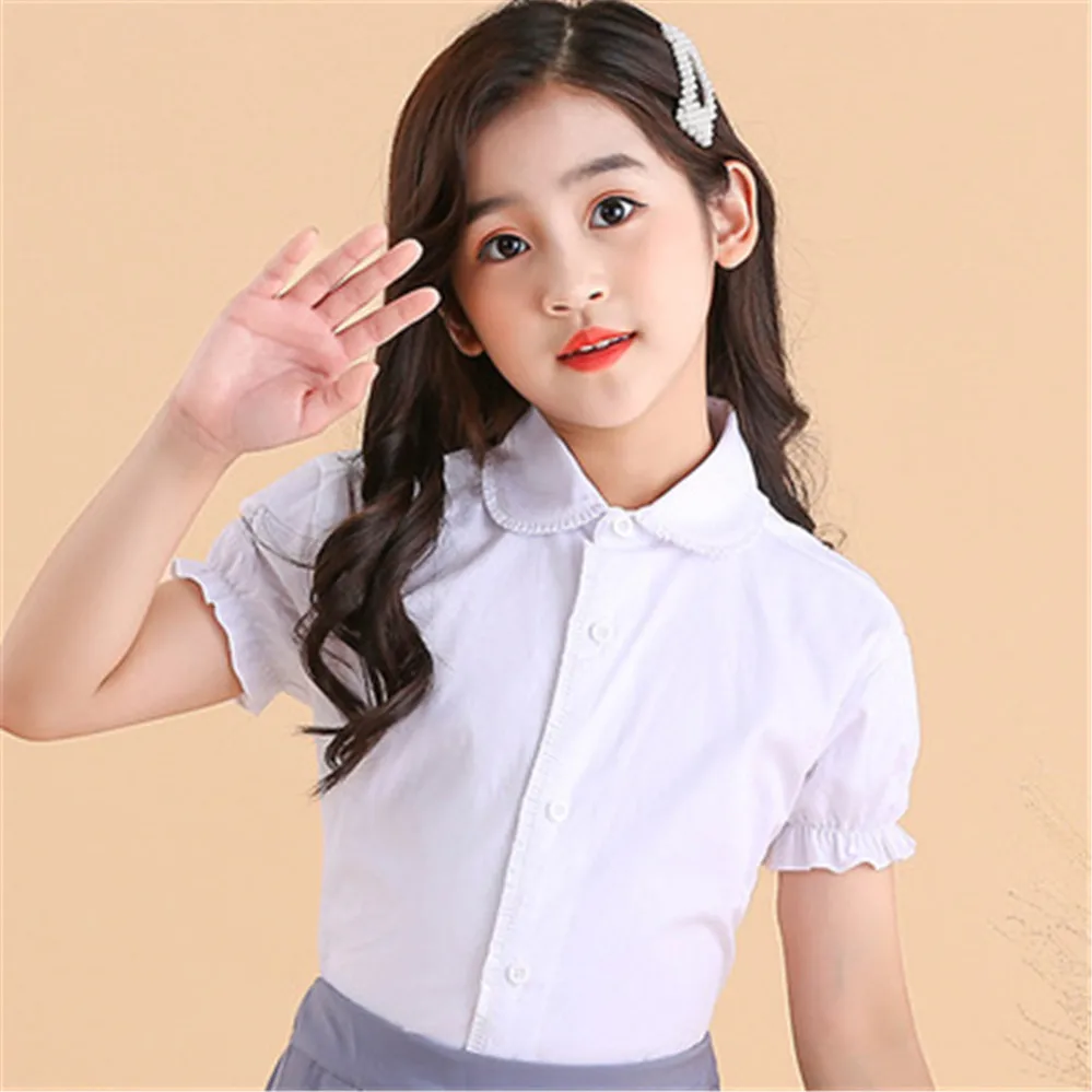 Baby Toddler Teenager School Girls Blouse Shirt White Short Sleeve Girl Tops Cotton Shirts for Kids Children 6 8 10 12 Years