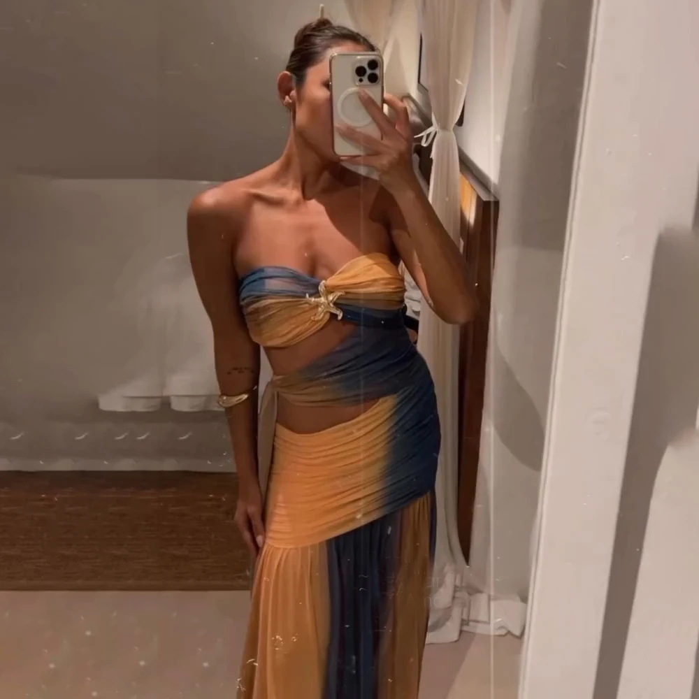 Sexy three piece bikini one-piece swimsuit beach wear hollowed out women's gradient swimsuit long skirt off the shoulder