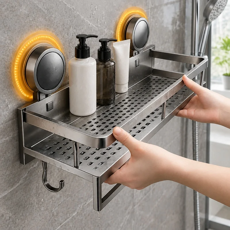 No-Drill Aluminum Bathroom Shelf with Suction Mounts for Shower and Toilet Wall Storage
