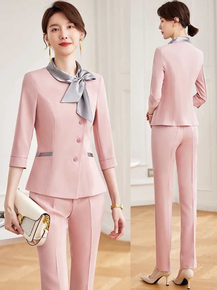 Pink Midi Sleeve Suit Professional Women's Summer Workwear for Jewelry Store Health Care Center Foot Bath Technician