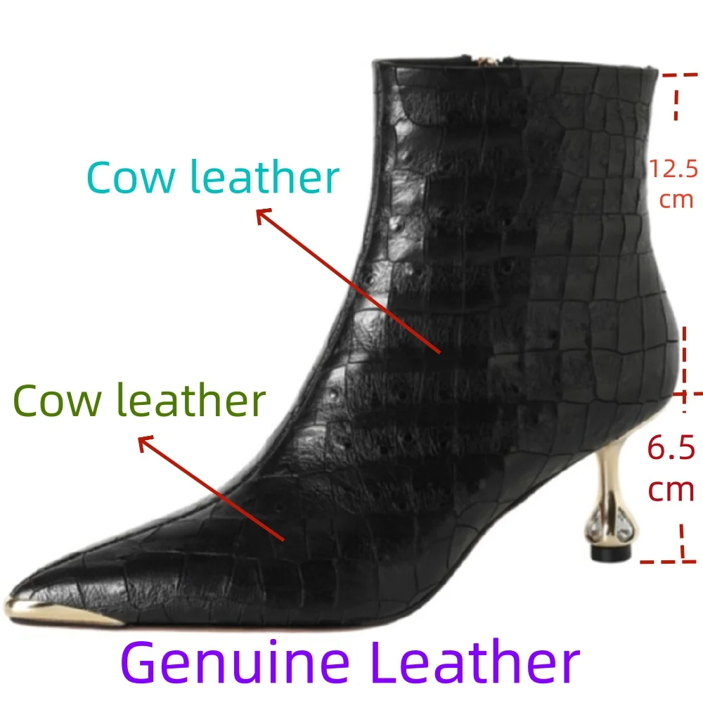 【JOCHEBED HU】Women's Handmade Genuine Leather Head Metal High Heel New Pointed Head Atmosphere Thick Heel Boots 34-40