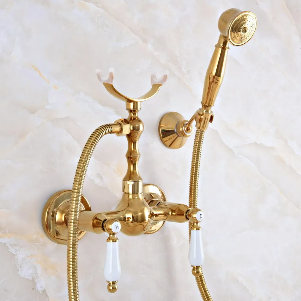 

Polished Luxury Golden Brass Wall Mounted Bathroom Shower Faucet Set with 1.5M Hose Handheld Spray Head Mixer Tap Dna932