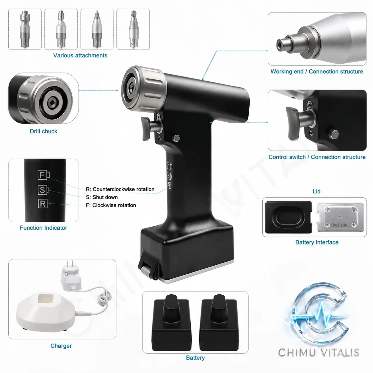 【CHIMU VITALIS】Multifunctional Electric Procedure Drill with Saw and Pin Attachments, Cordless Handpiece - view 3