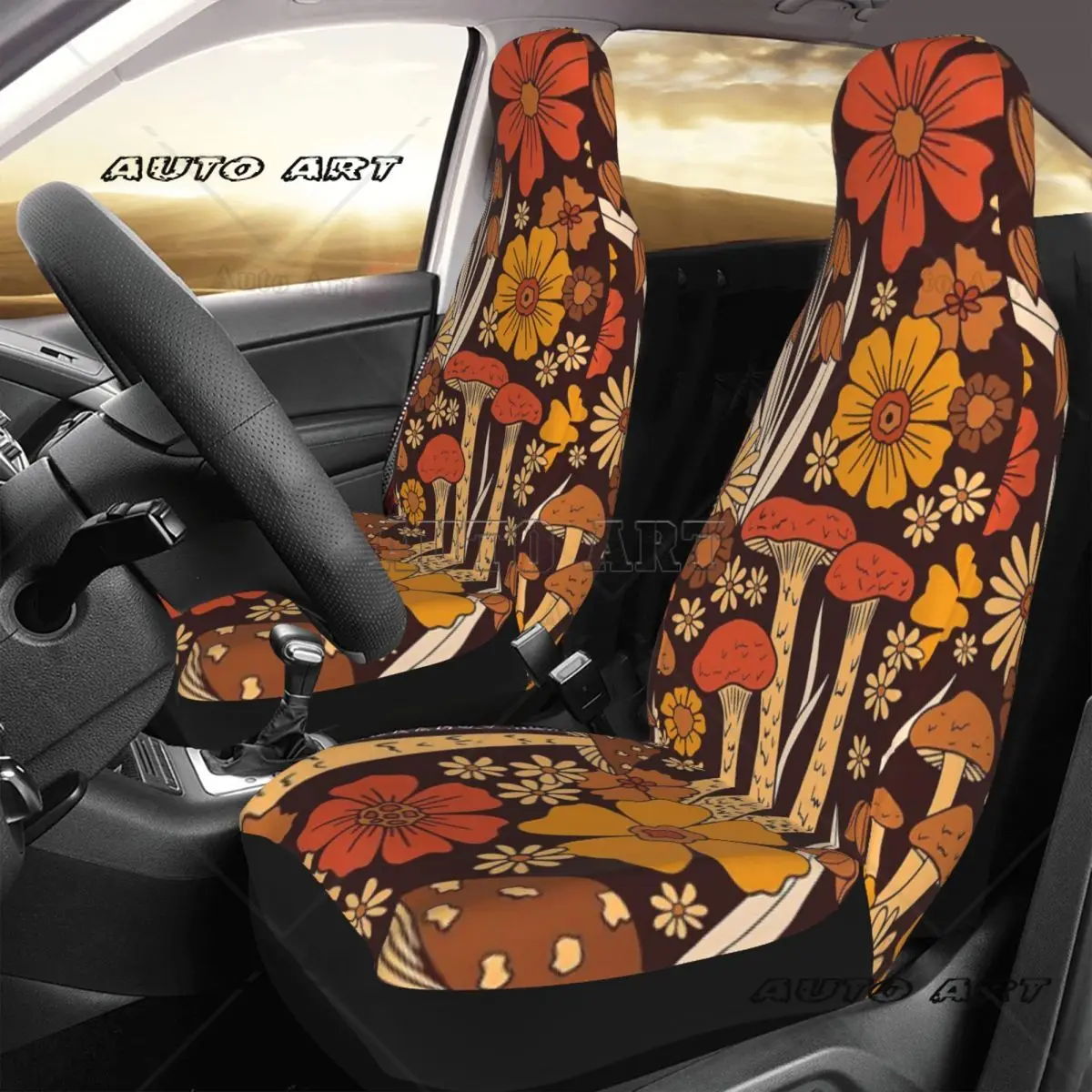 Retro 1970s Brown & Orange Mushrooms & Flowers Spiral Car Seat Cover Custom  Universal Front Protector Accessories Cushion Set