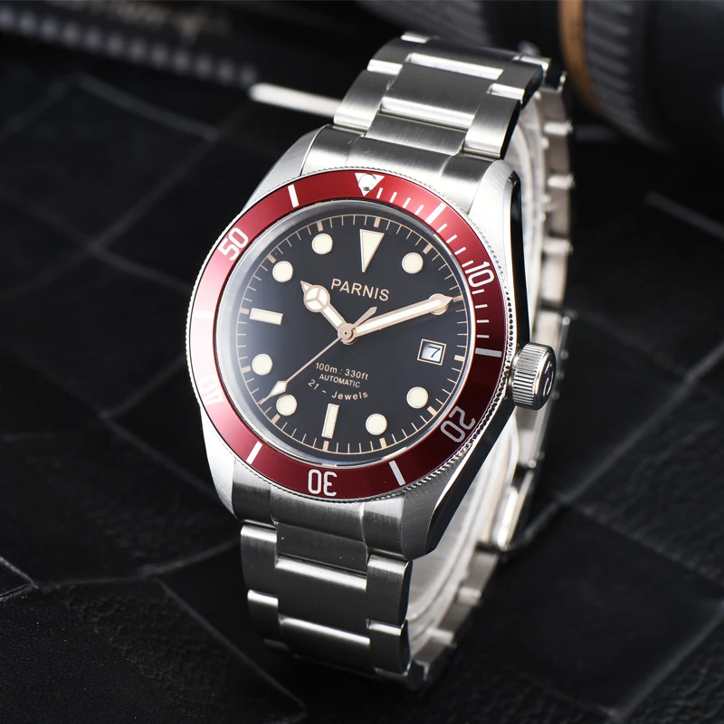 Luxury Parnis 41 มม.สีแดง BEZEL นาฬิกาผู้ชายอัตโนมัตินาฬิกาสร้อยข้อมือสแตนเลส Sapphire คริสตัลนาฬิกาผู้ชาย reloj hombre