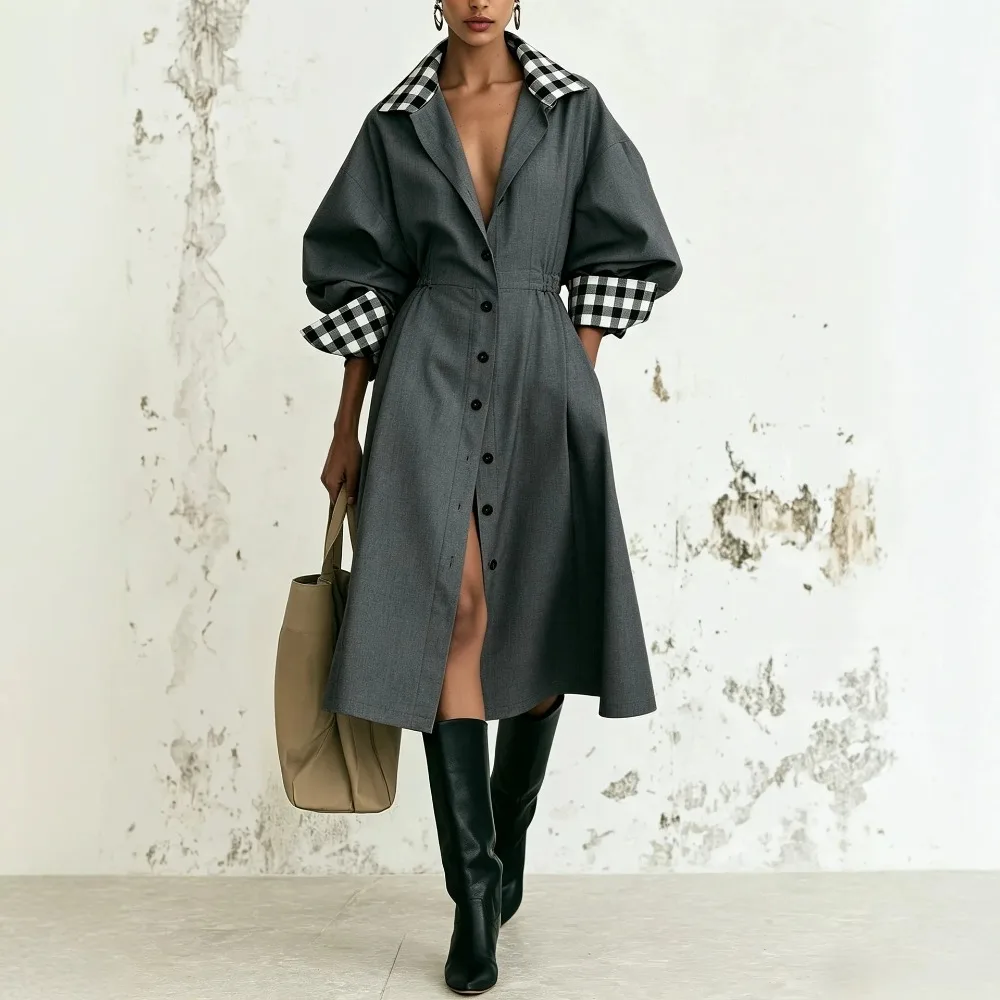 Women Plaid Collar Long Trench Coat Contrast Lapel Puff Sleeve 2026 Cinched Waist Flared Hem French Chic Vintage Office Daily
