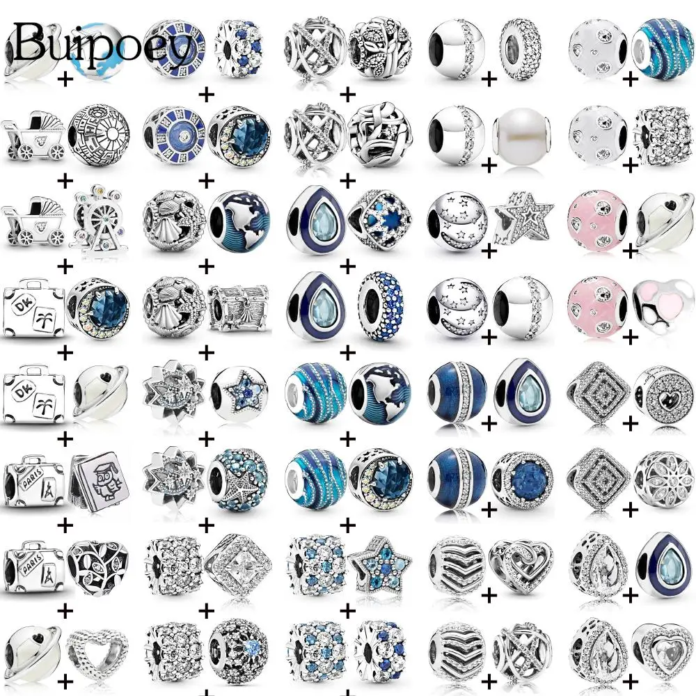 Buipoey 2pcs/lot Silver Color Planet Star Beads Blue Water Drop Charm Planet Heart Beaded Fit DIY Bracelets Accessory