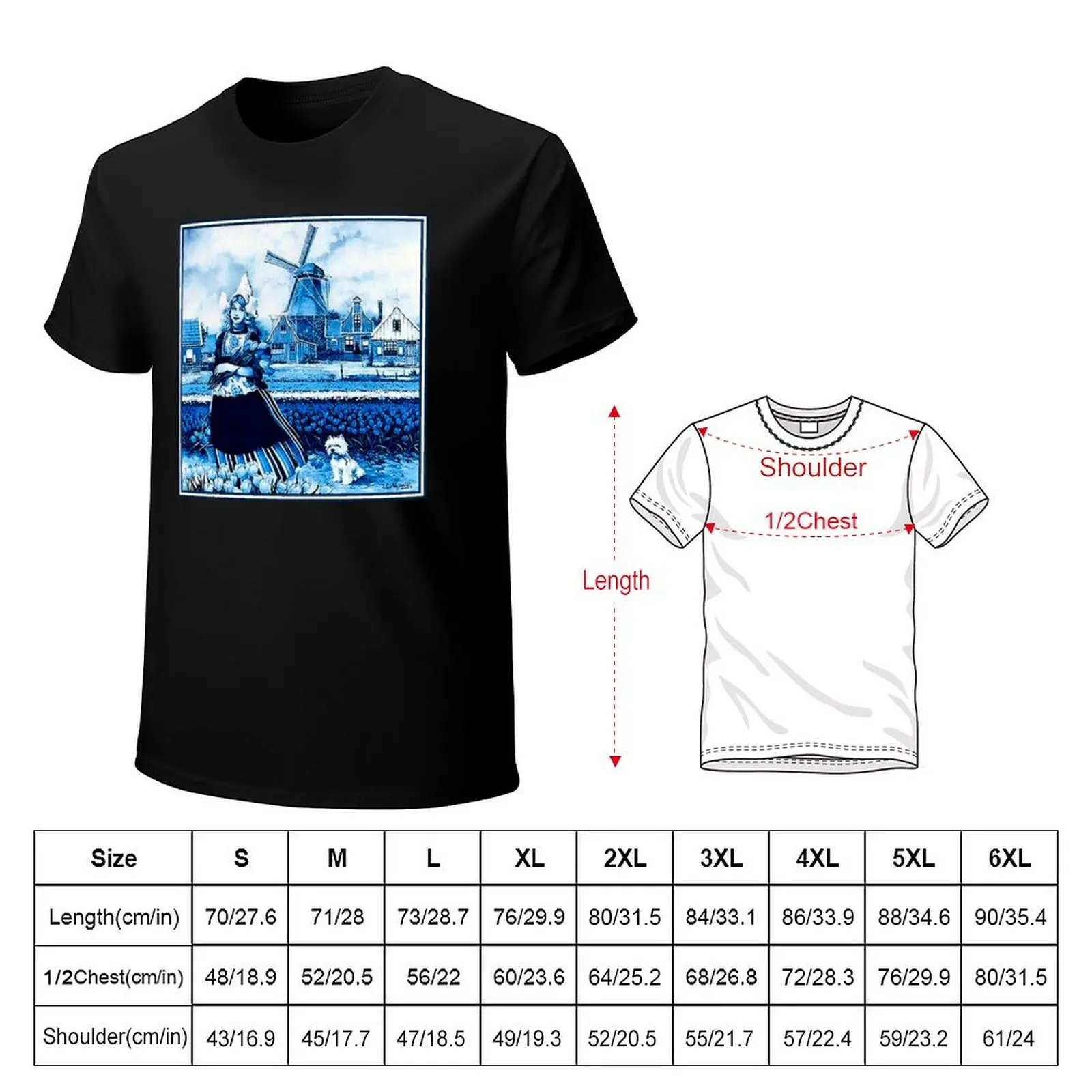 DUTCH BLUE DELFT : Vintage Windmill, Young Girl, Dog and tulips Print T-Shirt Basic Short Sleeve Cotton Blend T-Shirt