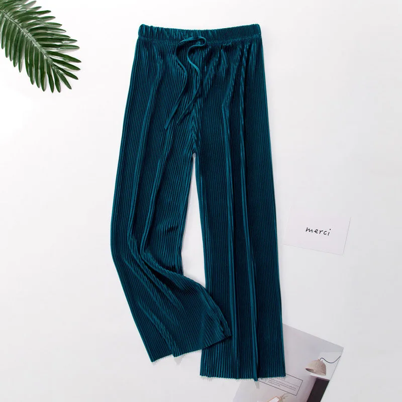 Women's Ice Silk Pleated Pants Summer New Loose Thin Cool Breathable Straight Trousers Solid Color Elastic All-match Casual Pant