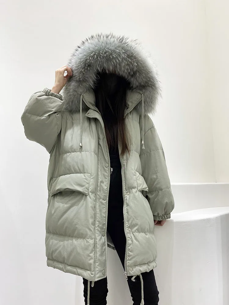 Imagem -02 - Mulheres Inverno para Baixo Jaqueta de Pele de Guaxinim Real Collor Parka Moda 90 Pato para Baixo Cabolsa Feminino Engrossar Quente Outerwear à Prova de Vento Roupas