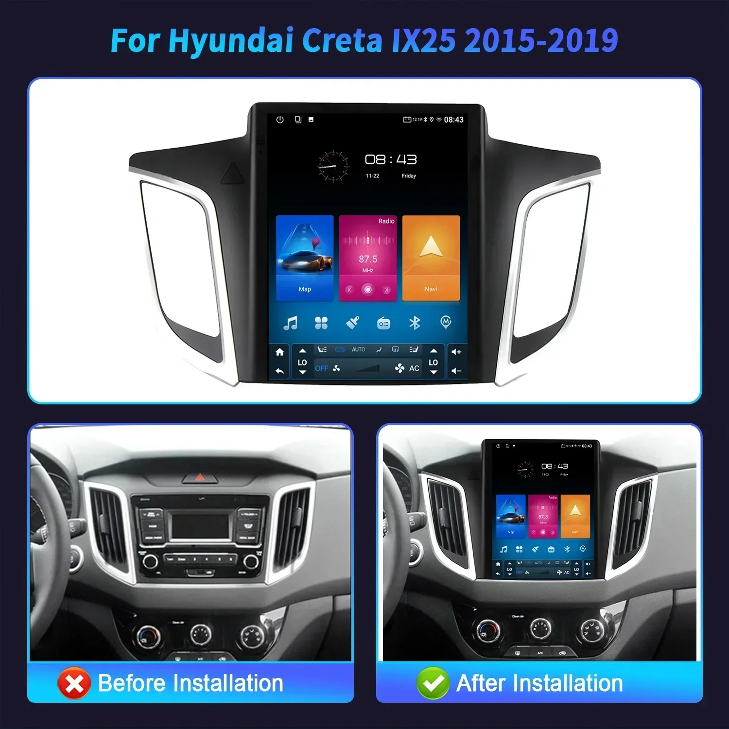 9.7inch For Hyundai Creta IX25 2015-2019 Car Radio Multimedia Video  Navigation 4G GPS Android 14 Wirelss CarPlay Screen 5G WIFI