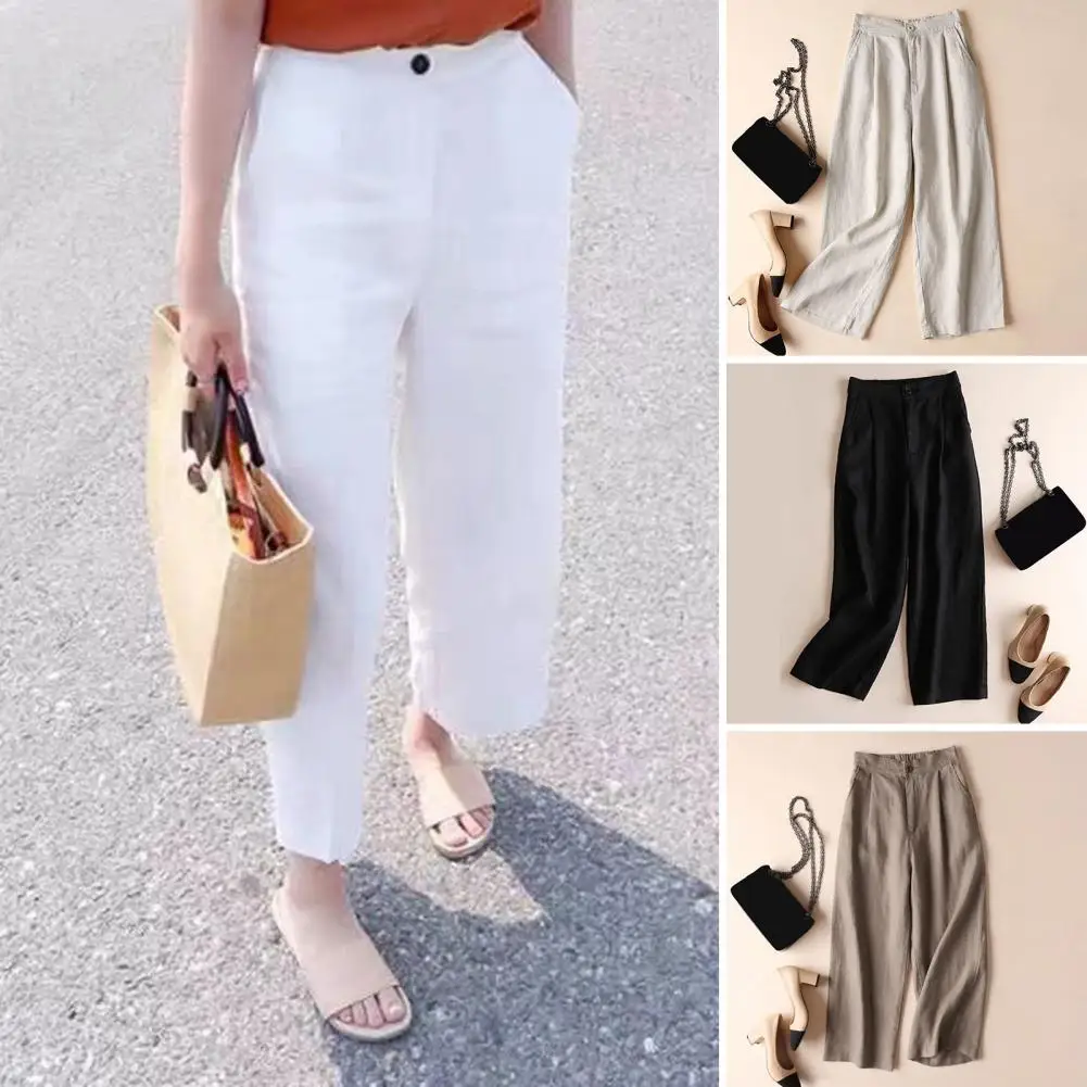 Women Pants High Waist Button Zipper Fly Casual Trousers Solid Color Straight Wide Leg Leisure Long Pants Daily Wear 여성용 긴 바지