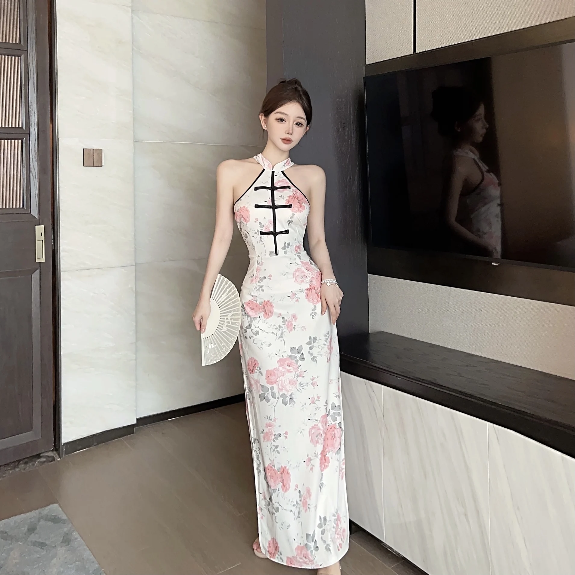 Novo chinês sle reunido menina ne pendurado split impresso dr verão 2025 na moda saia vintage longo