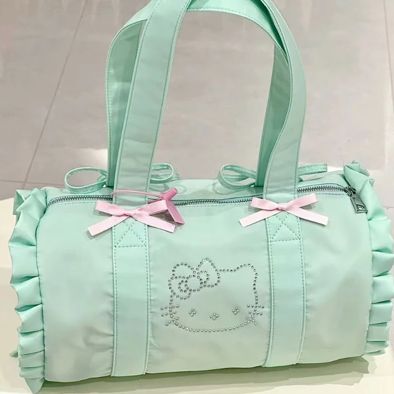 Summer Green Jello Kitty Cat One-shoulder Underarm Bag Women\'s Round Drum Bow Nylon Cloth Large Capacity Tote Bag Girls