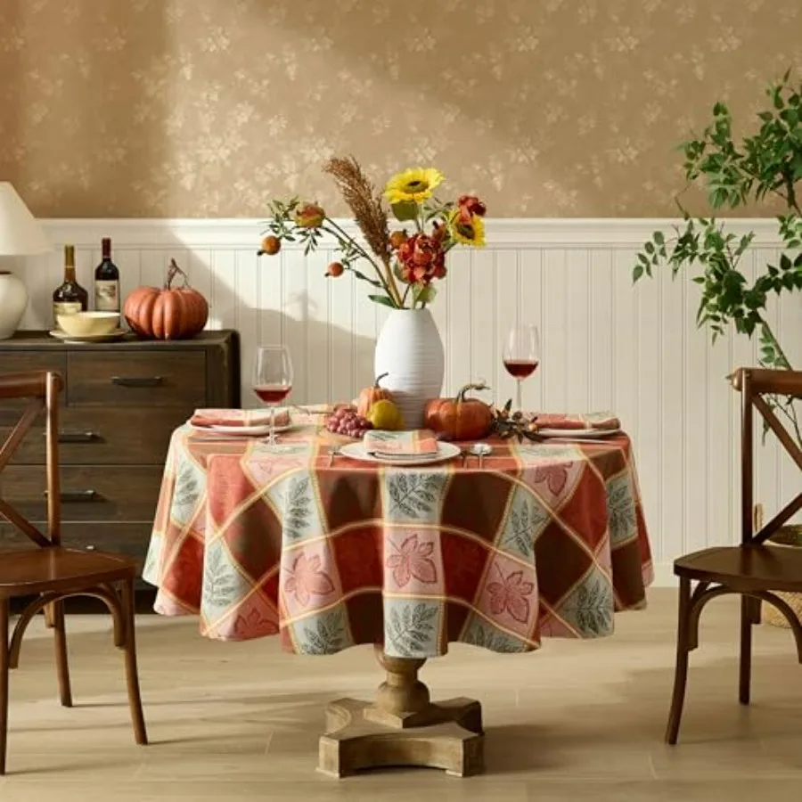

Whispering Leaves Rust Orange and Green Plaid Fabric Tablecloth 70 Inch Round Woven Botanical Leaf Plaid Reusable Fabric Dining