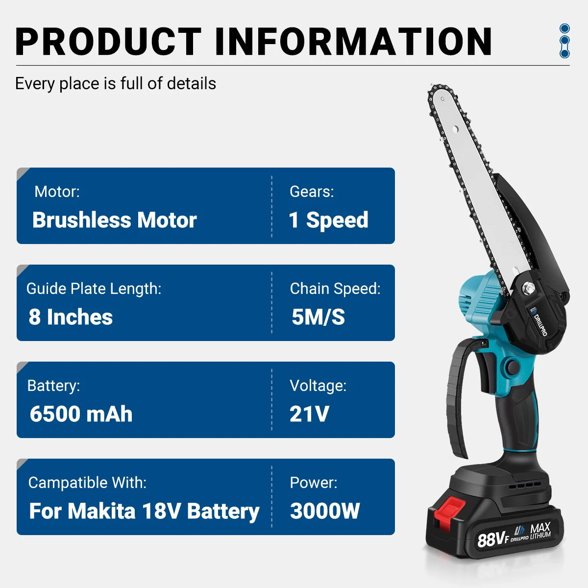 Drillpro 8 Inch Brushless Chain Saw Mini Handheld Pruning Chainsaw Woodworking Electric Saw Cutting Power Tool forMakita Battery