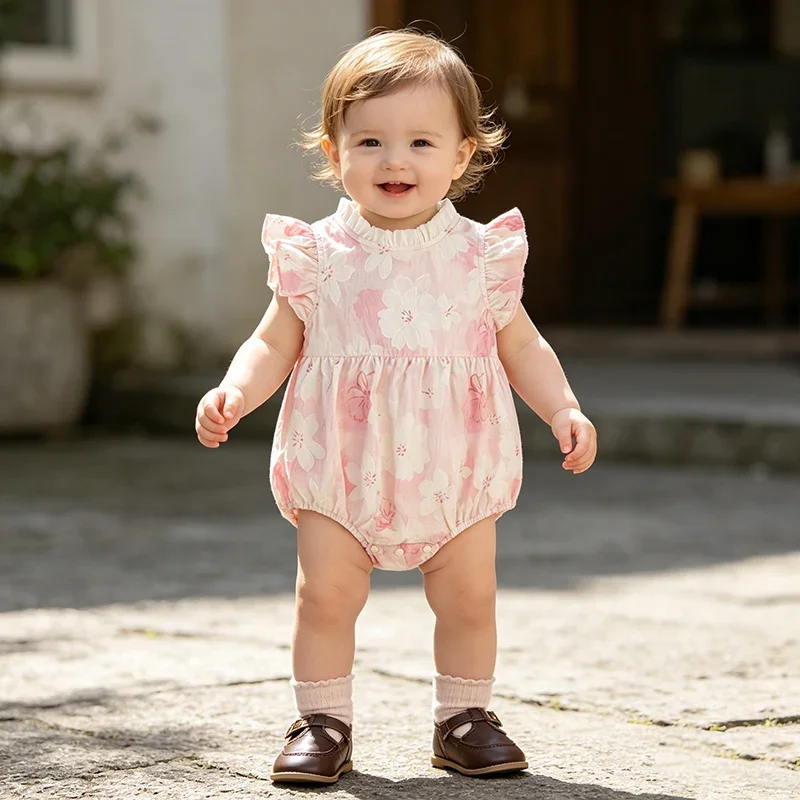 

2026 New Summer Infant Baby Girls Bodysuits Sleeveless Cotton Print Toddler Baby Girls Jumpsuit 0-24M Baby Girl Clothing