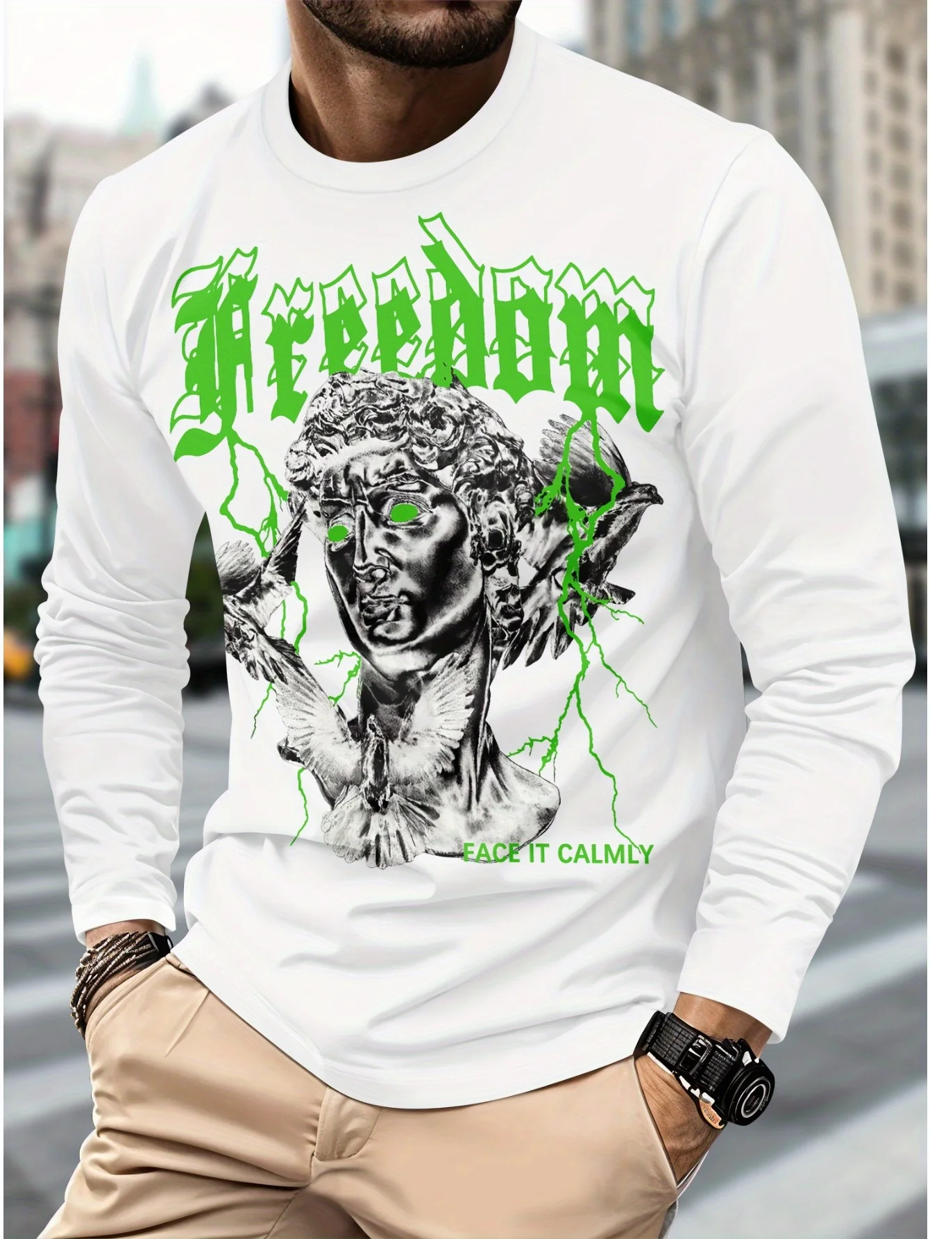 

2025 новая весенне-осенняя мужская футболка с круглым вырезом и длинными рукавами, топы с 3D принтом, модный повседневный тренд