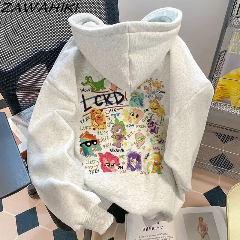 Japanese Sweet Letter Cartoon Print Loose Casual Fall Winter Hoodies Sweatshirt Women All Match Lovers Cute Streetwear Chic Top