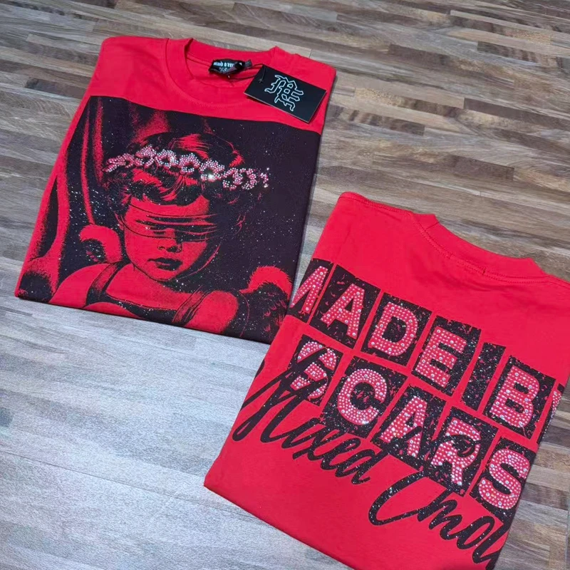 Strass-Engel-Grafik Kurzarm-T-Shirt für Männer und Frauen, Cropped Oversize Hip-Hop Y2K Streetwear, Rote Casual Tees Tops aus Baumwolle – Detail 4