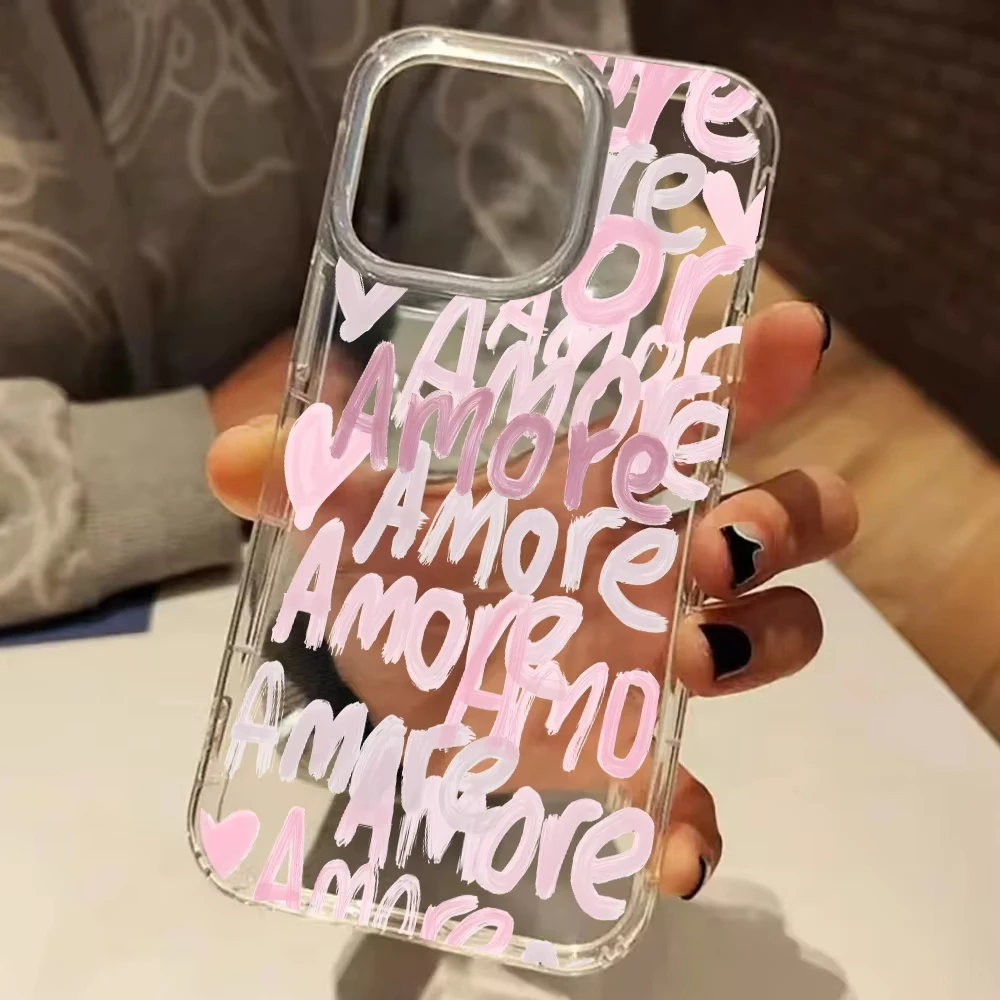 Funda Transparente con Letras Rosadas 'Amore-Love' para iPhone 17 Pro Max, 16 Plus, 15 Pro, 14, 13, 12, 11, 17 Air, de Silicona Suave